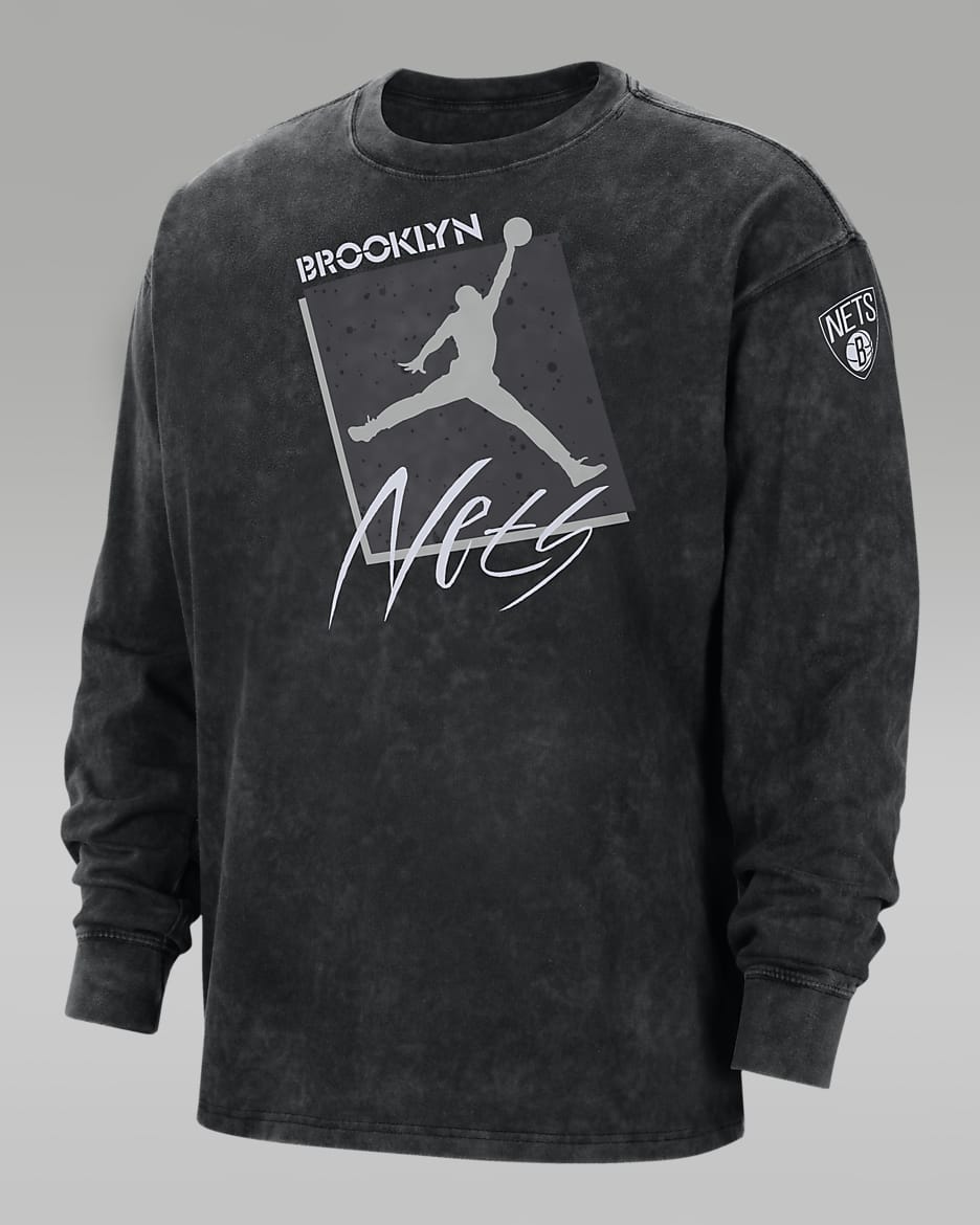 Brooklyn Nets Courtside Statement Edition Men s Jordan Max90 NBA Long Sleeve T Shirt. Nike